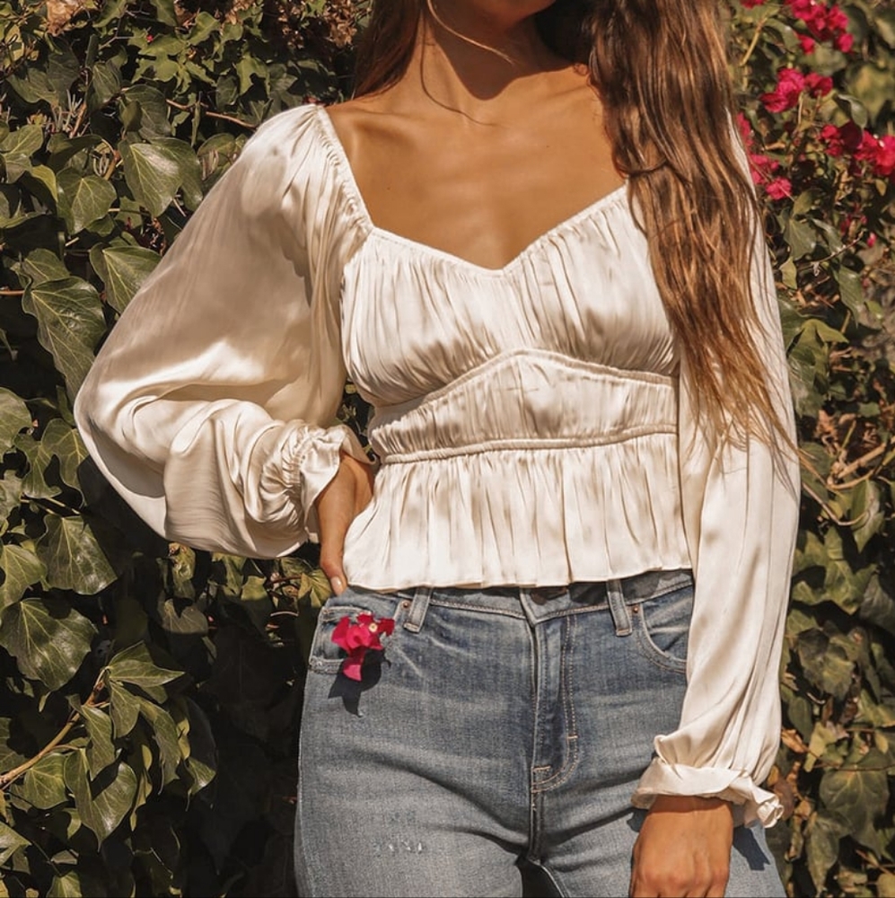 Sophisticate Cream Satin Ruched Long Sleeve